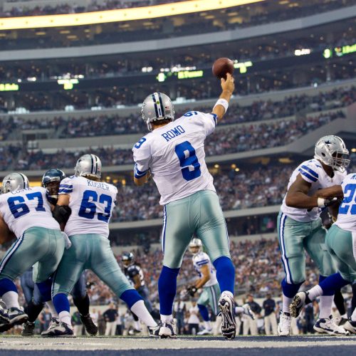 06 November 2011: Quarterback (9) Tony Romo of the Dallas Cowboys passes the ball against the Seattle Seahawks during the first half of the Cowboys 23-13 victory over the Seahawks at Cowboy Stadium in Arlington, TX.